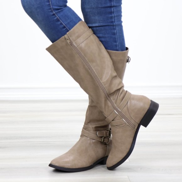 Taupe Rider Chick Mid Calf Boots With Buckles - Picture 9 of 11